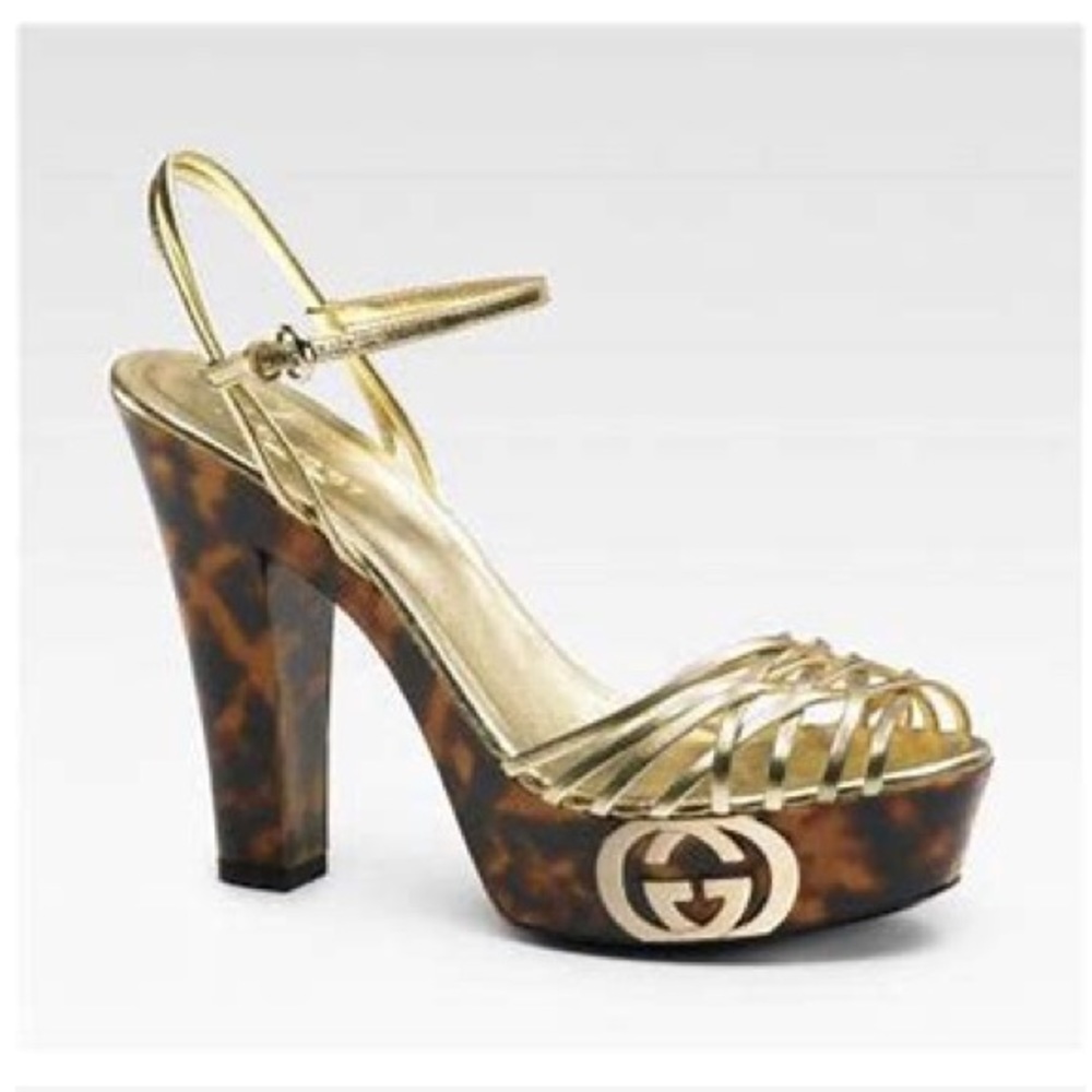 Gucci $1295 Tortoise Gold Platform Heels 38